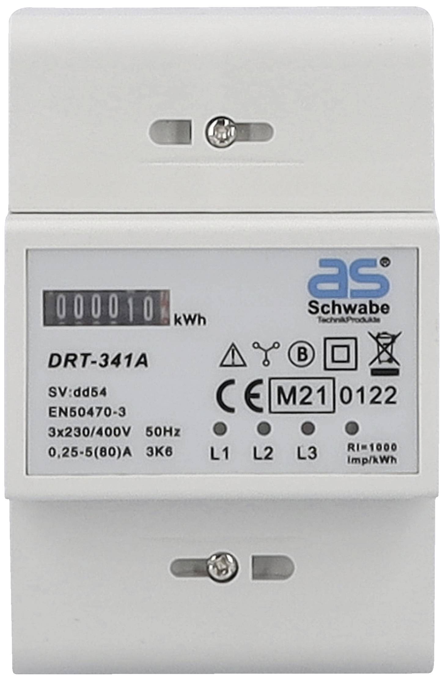 Elektrizitätszähler mit digitaler Anzeige '000010 kWh', Typ DRT-341A, geeignet für 3-phasige Messung, max. 80A, 50Hz.