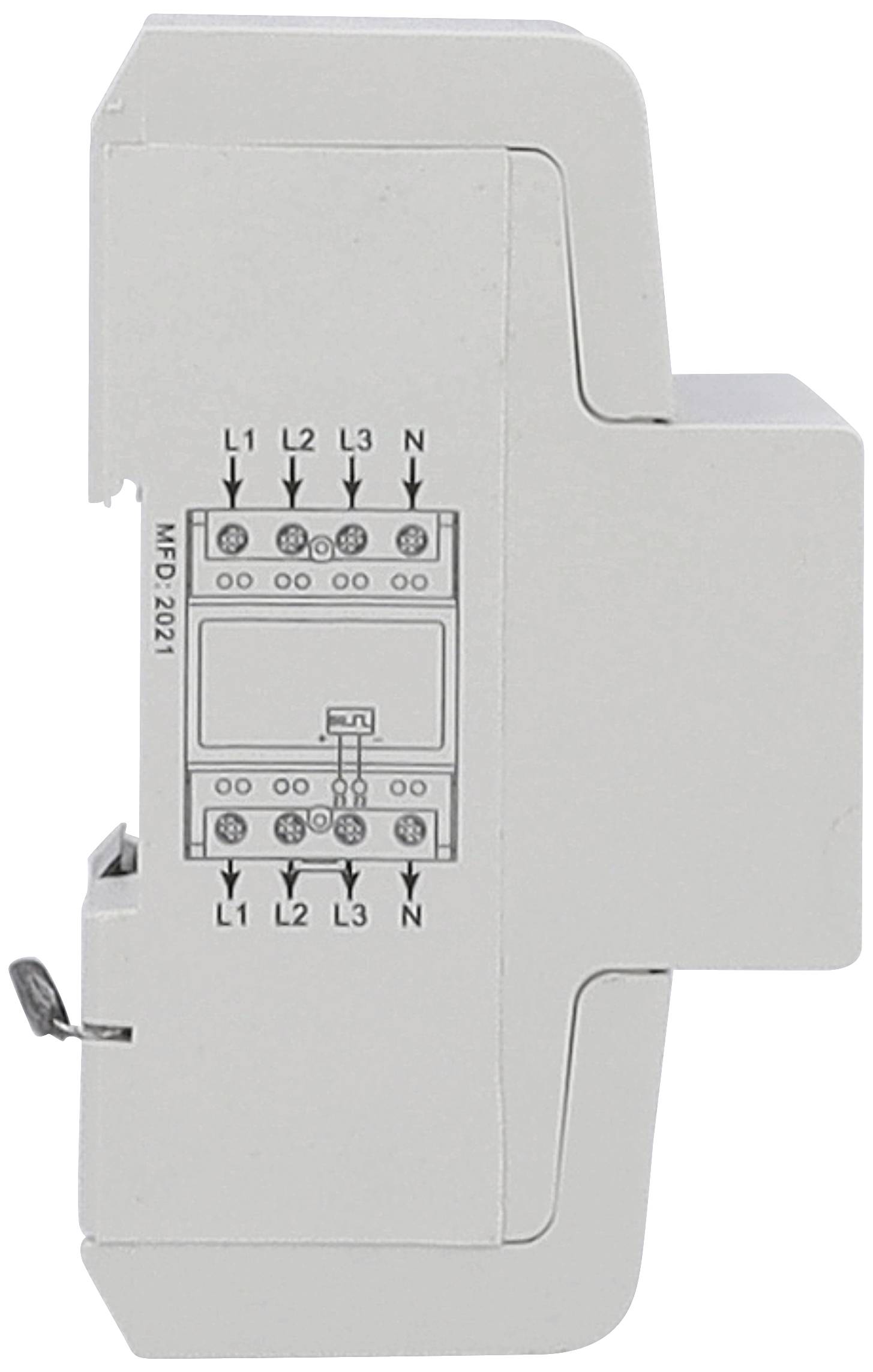 Graues Gehäuse mit Diagramm einer elektrischen Verdrahtung. Oben Anschlüsse L1, L2, L3, N. Text 'MFD 2201'.