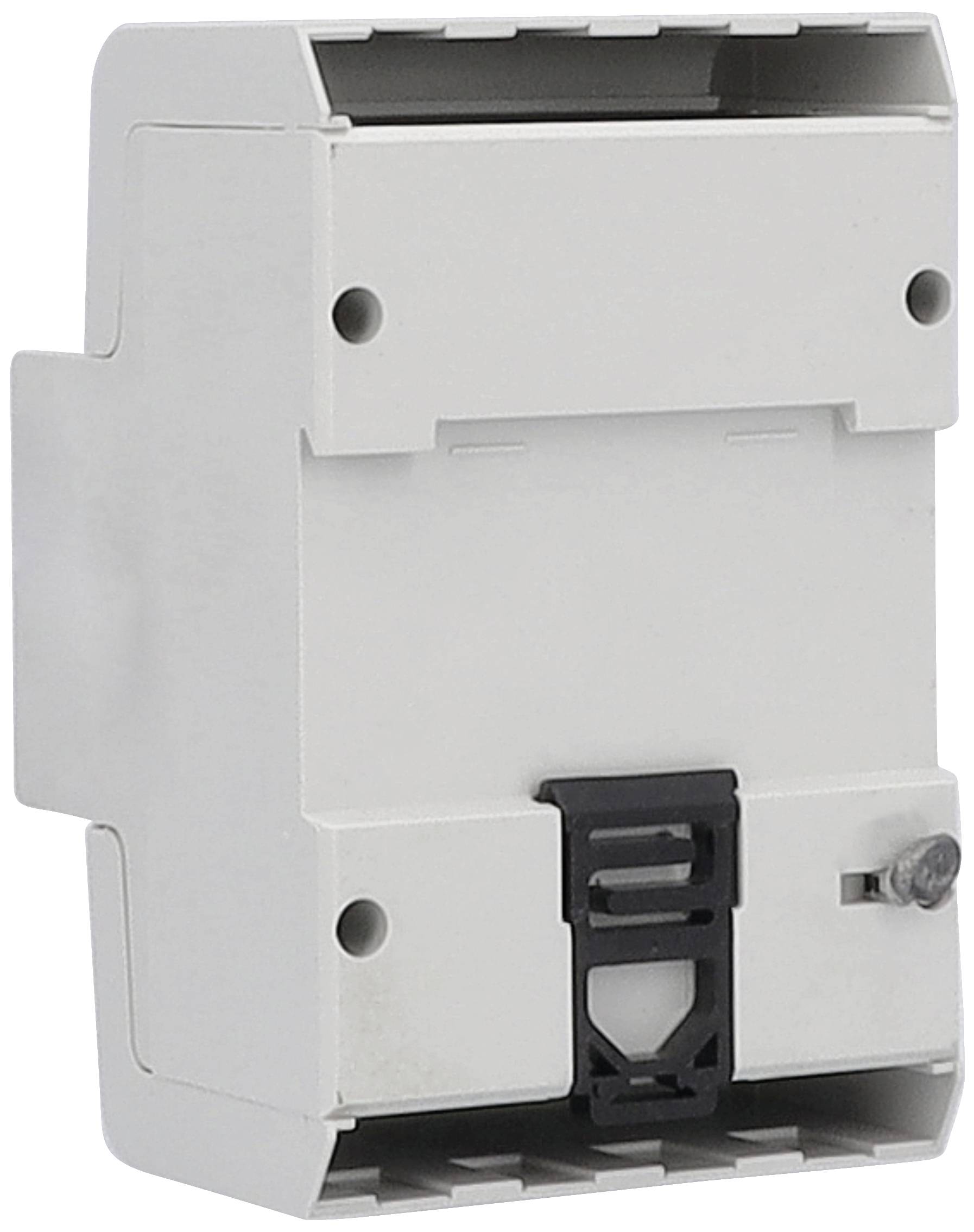 Elektrischer Sicherungskasten, weiße Farbe, rechteckige Form, mit Befestigungselement.