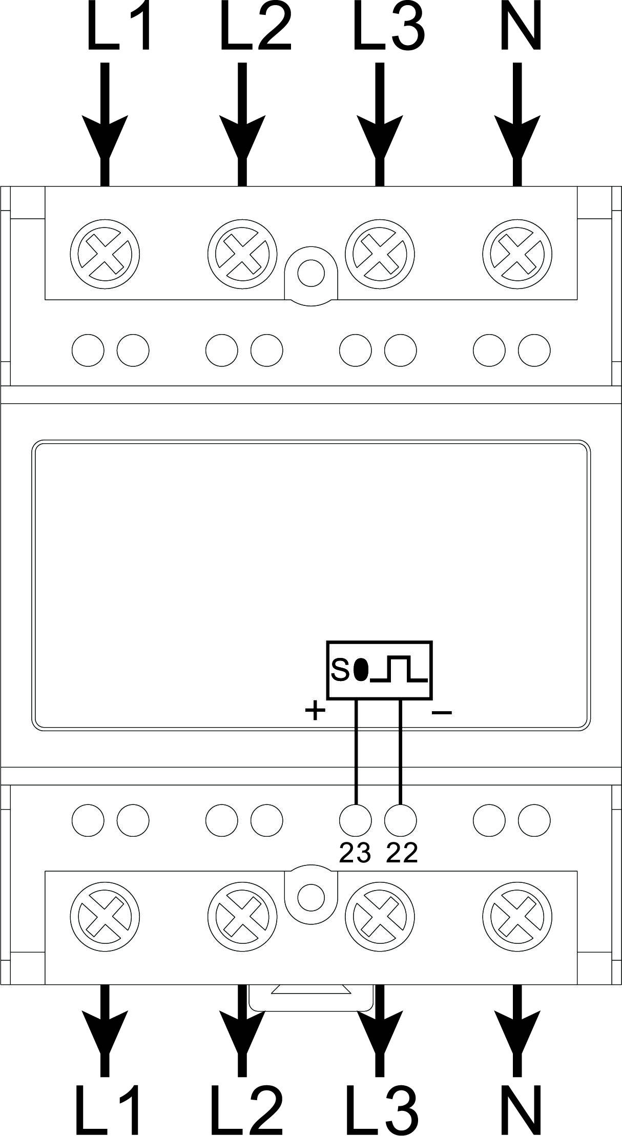 Schaltsymbol und Anschlussbelegung eines Stromschalters mit Klemmen L1, L2, L3, N und Anschlüssen 22, 23. Diagramm zur elektrischen Installation.