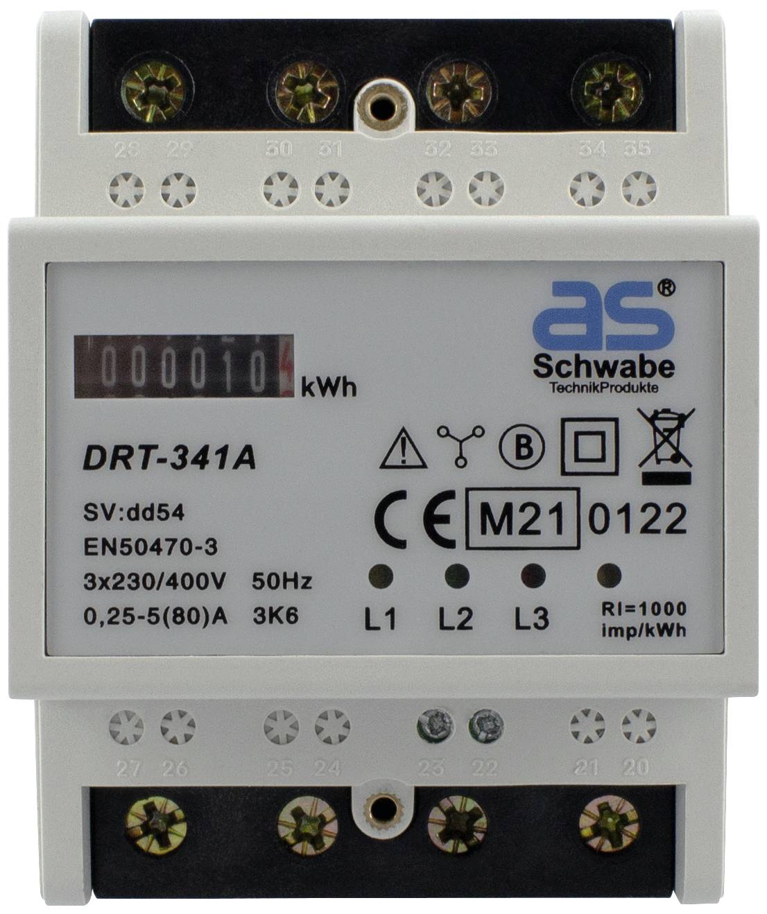 Stromzähler mit digitalem Display zeigt '000010' kWh. Markierungen: 'DRT-341A', '3x230/400V', '50Hz'. Anschlüsse für L1, L2, L3 sichtbar.
