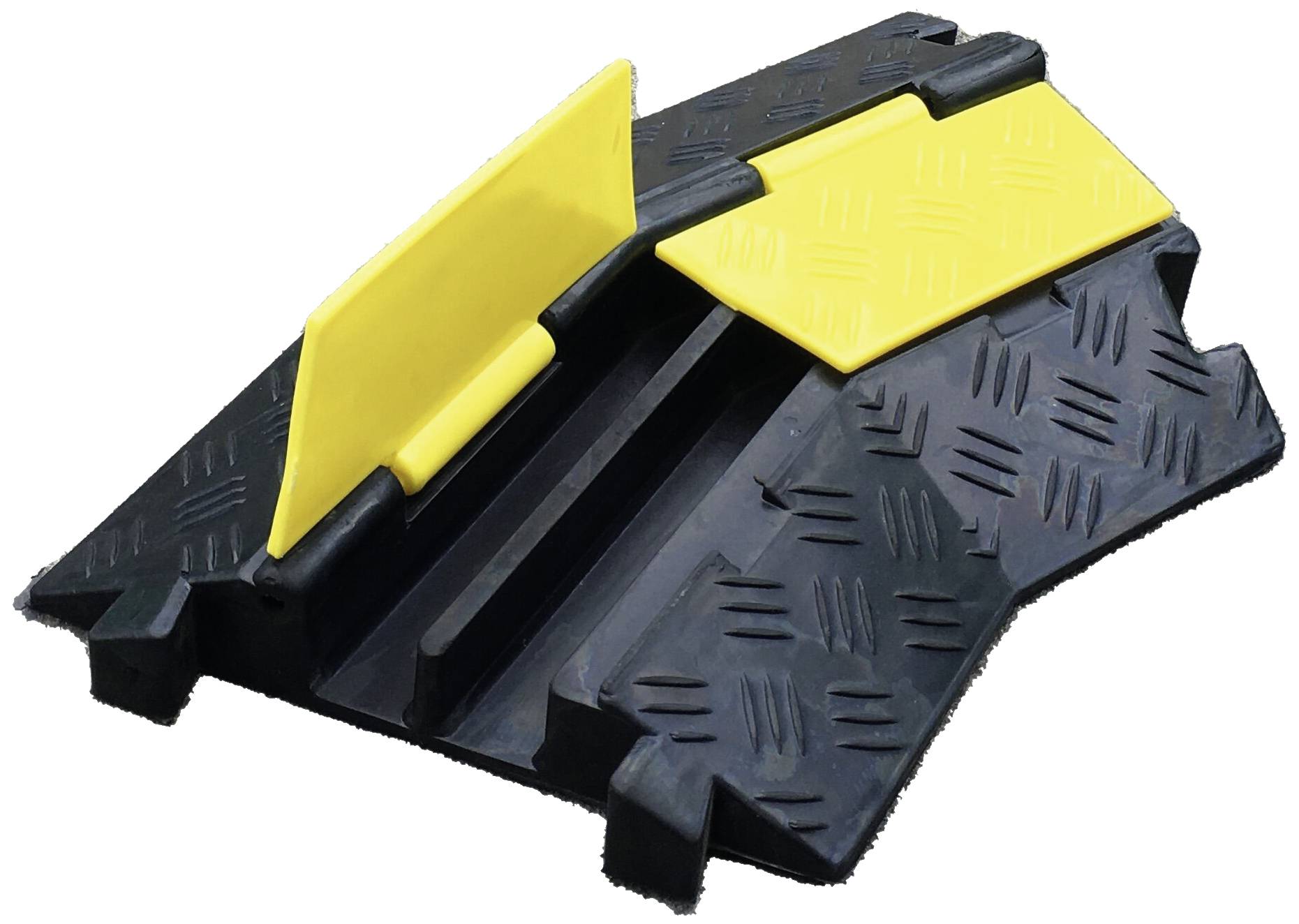 Schwarze Gummi-Kabelbrücke mit zwei gelben Klappen, um Kabel sicher zu schützen und Stolpergefahren zu minimieren.