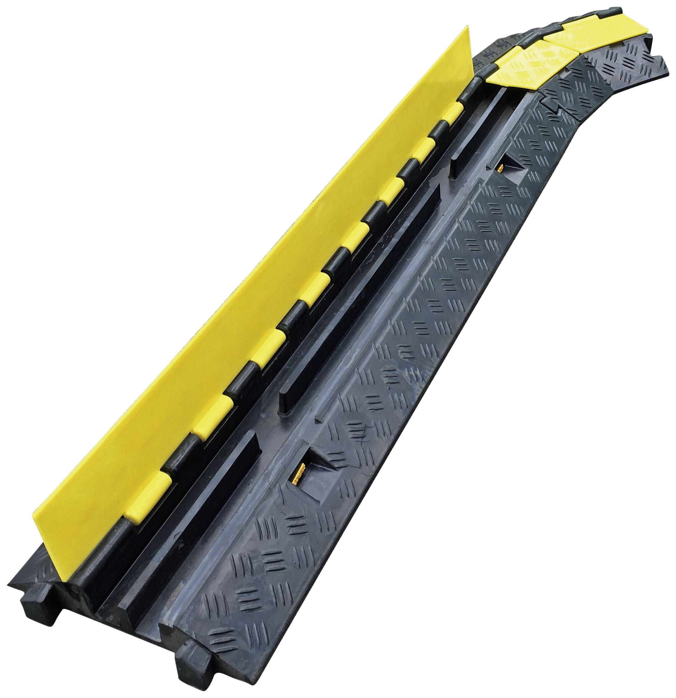 Schwarze Kabelbrücke mit gelber Abdeckung, für sichere Kabelverlegung auf dem Boden. Geeignet für den Einsatz in Baustellen oder Veranstaltungen.