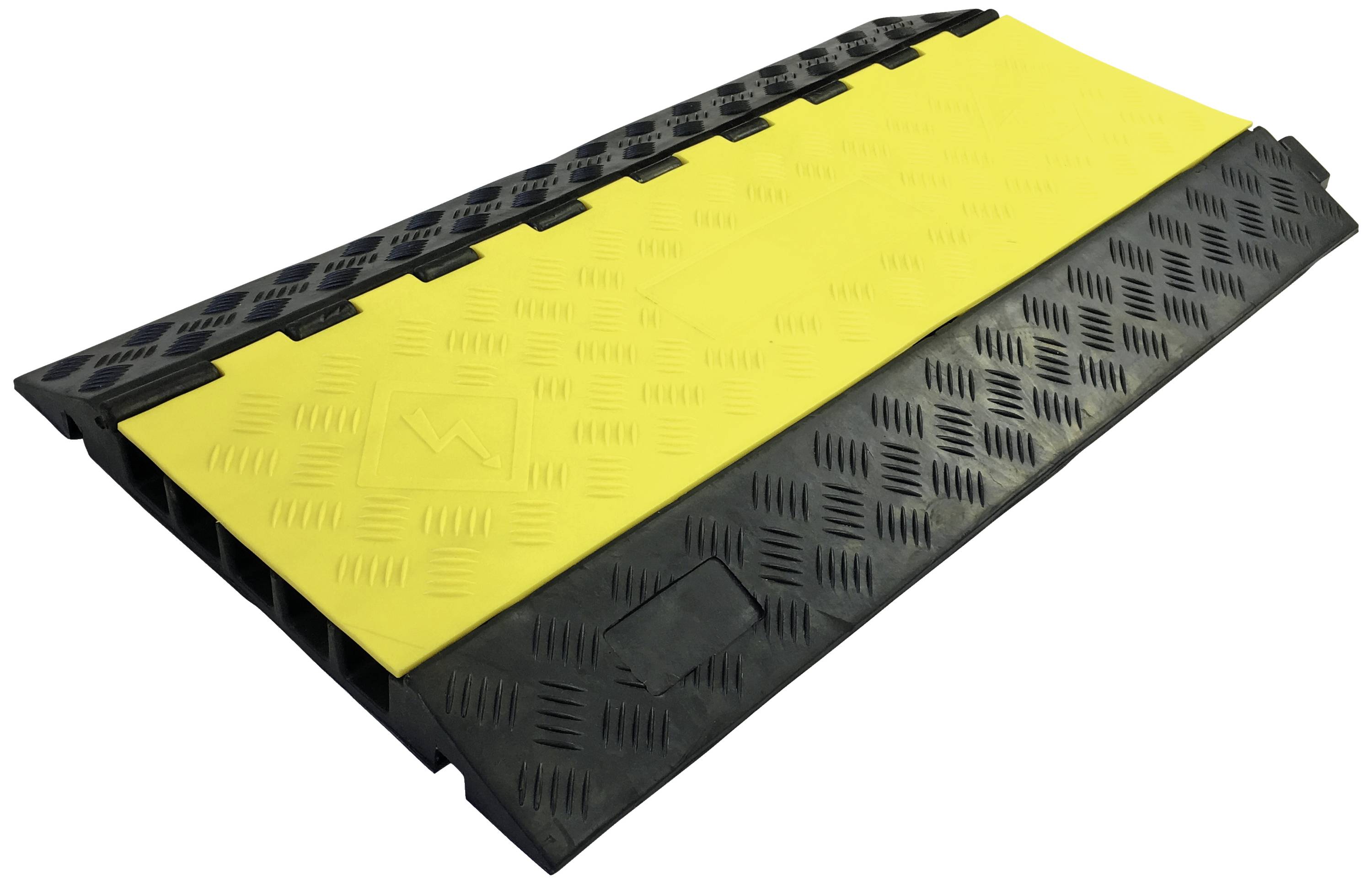 Gelb-schwarzer Kabelschutzkanal aus Kunststoff mit rutschfester Oberfläche. Geeignet zur Sicherung von Kabeln auf Baustellen oder Events.