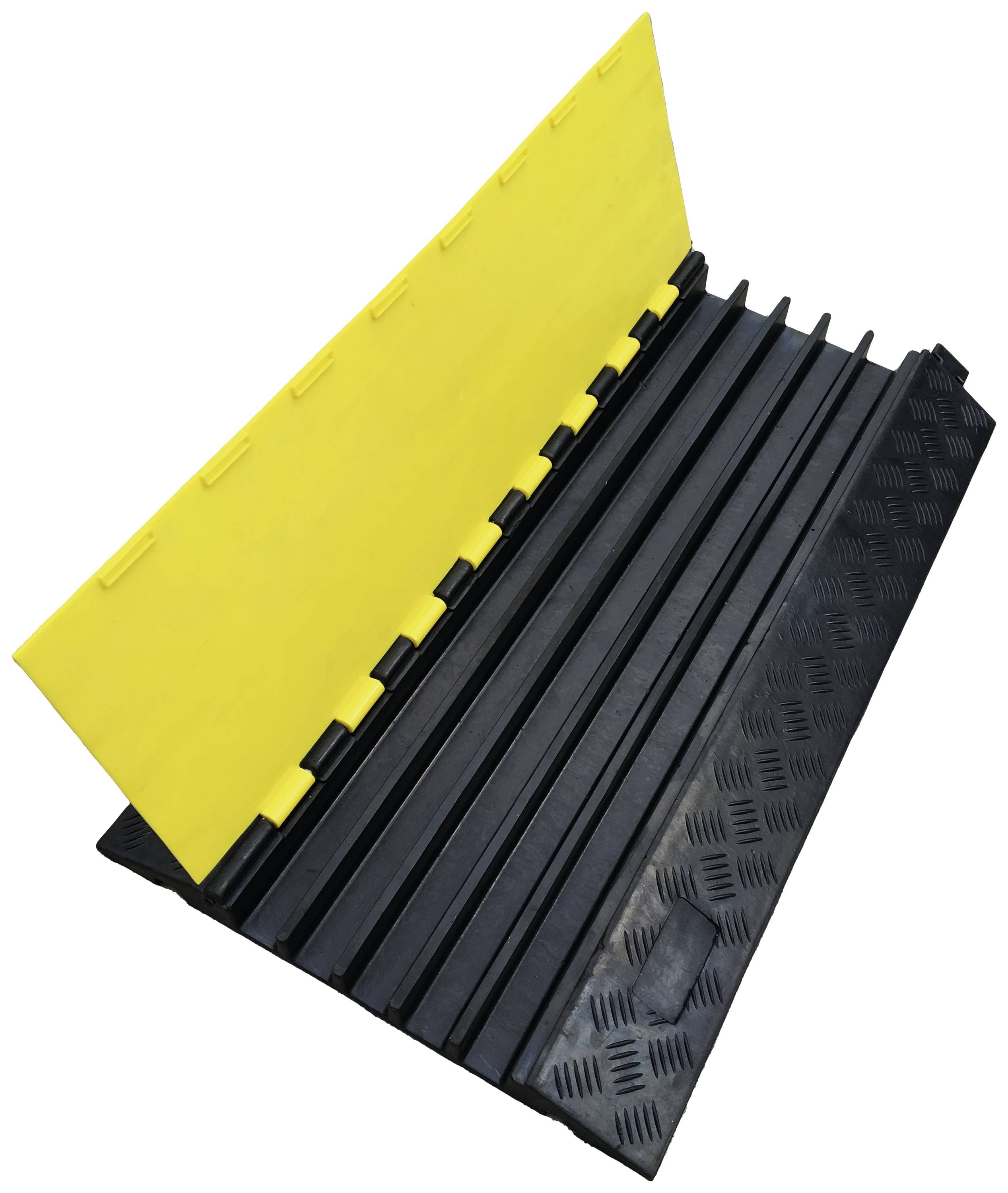 Ein Kabelkanal aus schwarzem Kunststoff mit einem gelben Deckel, der nach oben geöffnet ist. Ideal zum Schutz von Kabeln bei Veranstaltungen.