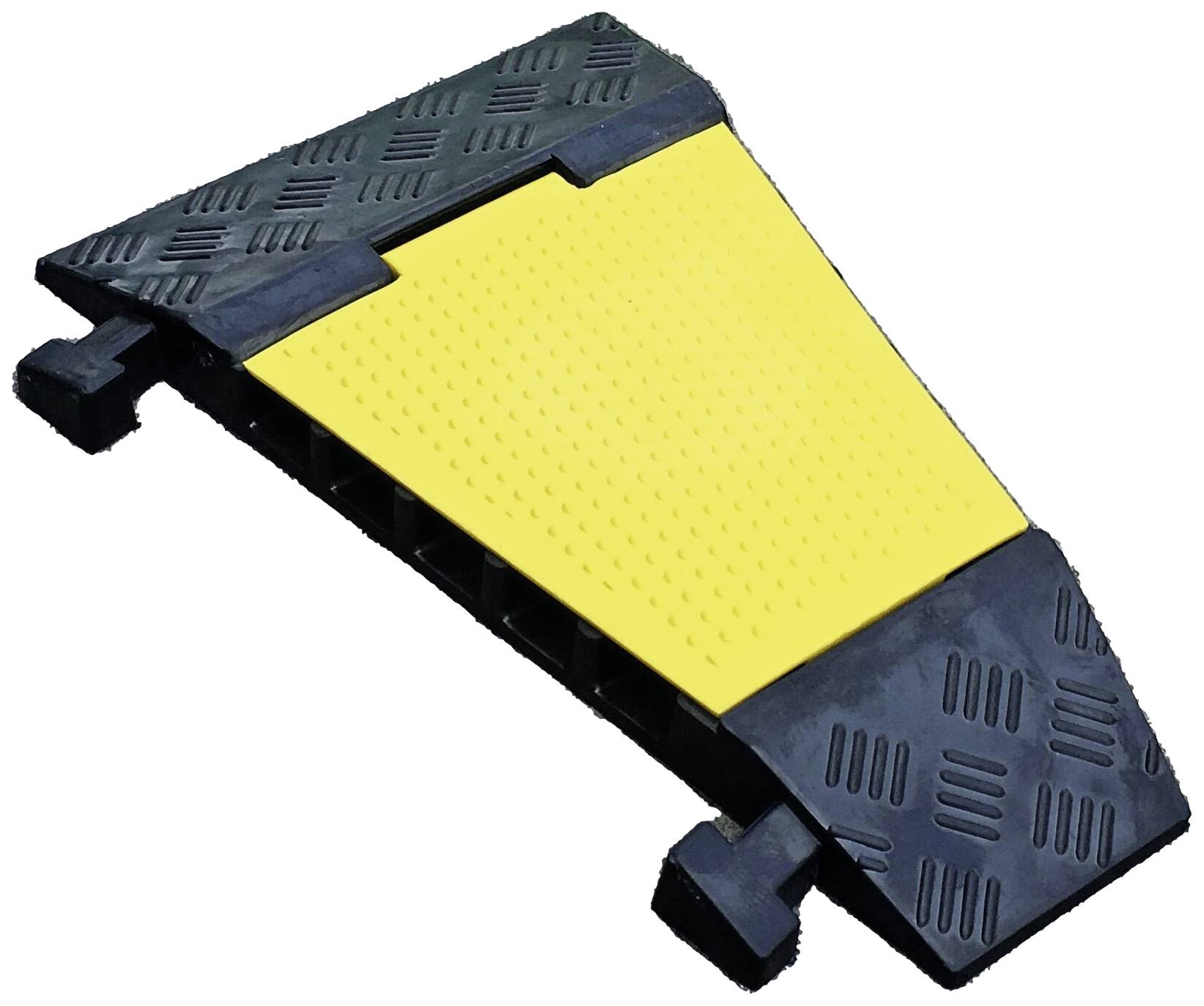 Die Abbildung zeigt eine Kabelrampe mit gelber Oberseite und schwarzen Kanten, die zur Sicherung von Kabeln auf dem Boden dient.