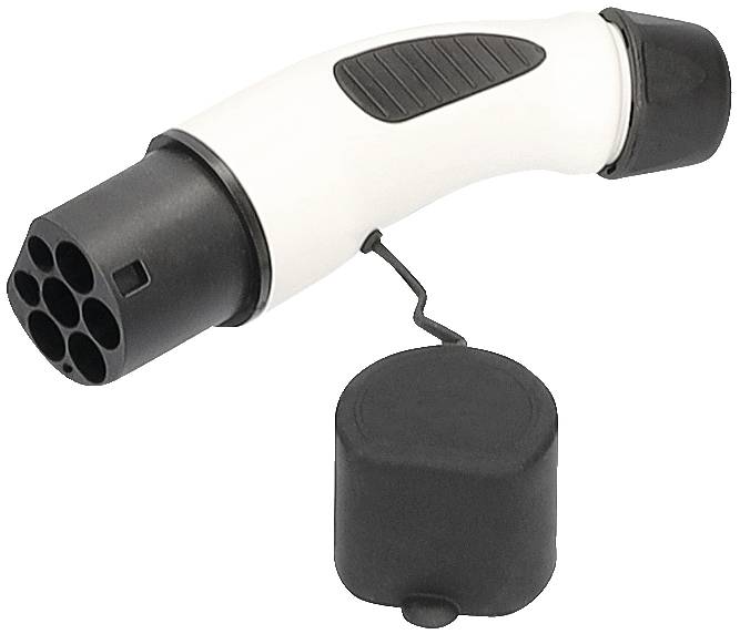 Ein weiß-schwarzer Ladestecker für Elektroautos mit mehreren Anschlüssen und abnehmbarer Kappe.