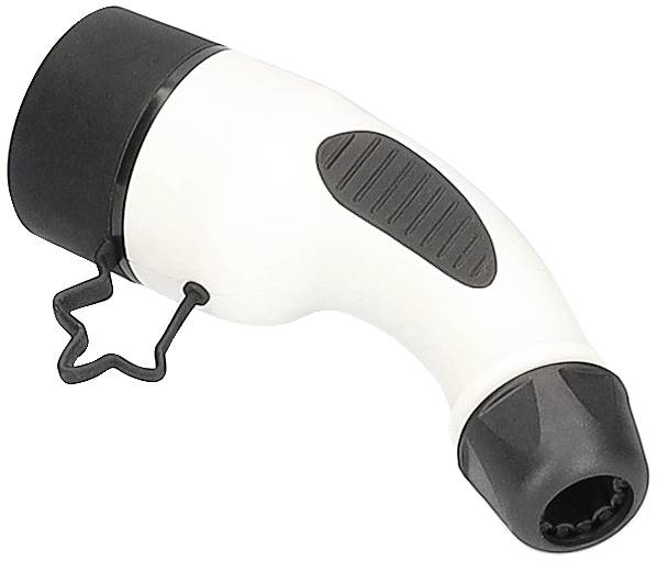 Stecker eines Elektrofahrzeug-Ladekabels, mit schwarzem und weißem Design und geformtem Griff für ergonomische Handhabung.