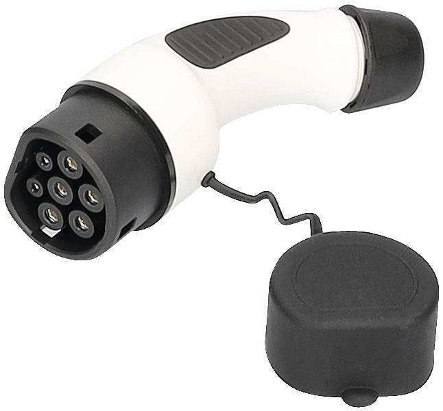 Ein weißer und schwarzer Stecker mit sieben Löchern, typischerweise für das Laden von Elektrofahrzeugen, mit abnehmbarem Schutzdeckel.