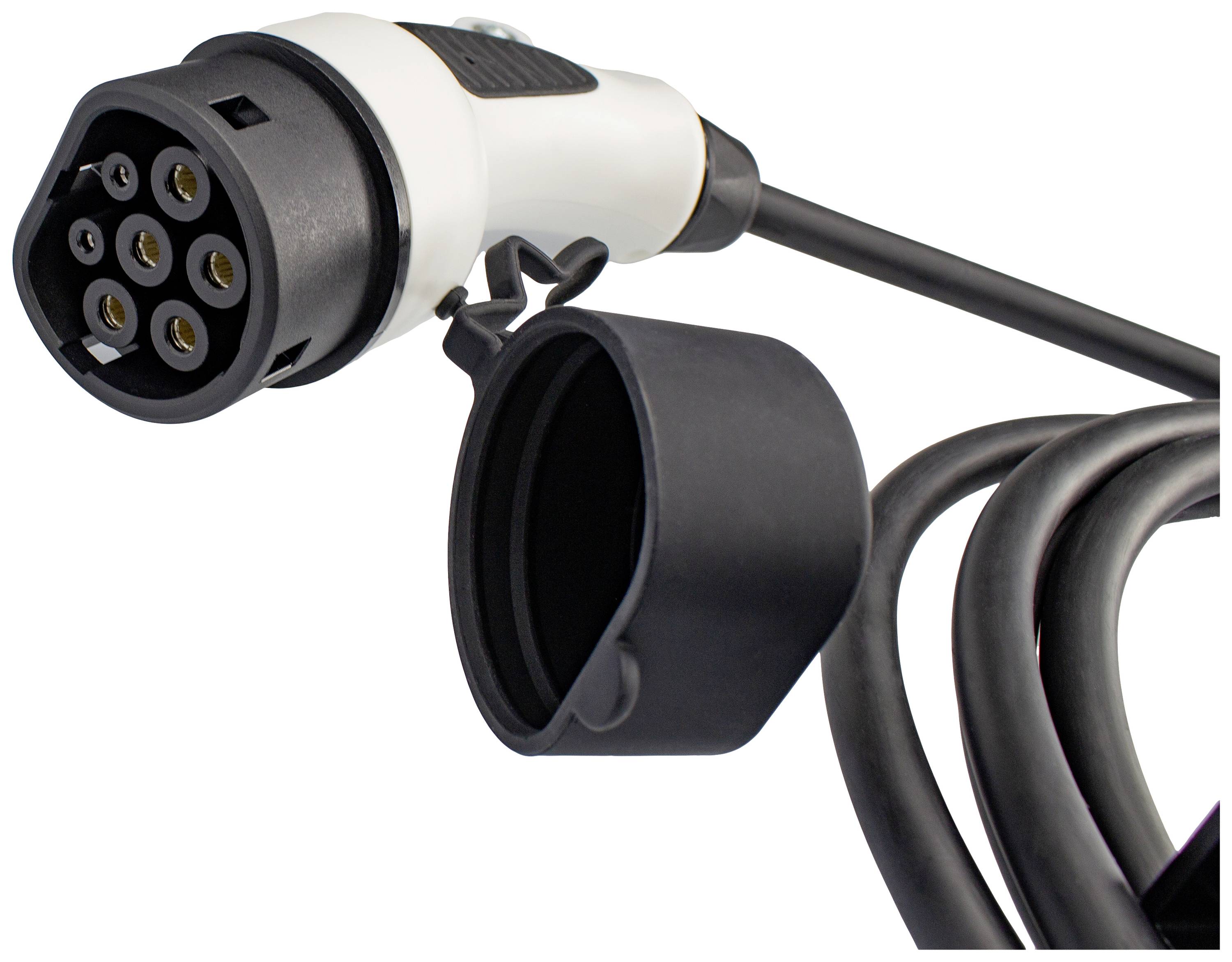 Schwarzes Typ-2-Ladekabel für Elektrofahrzeuge mit offenem Stecker und Kabelansicht.