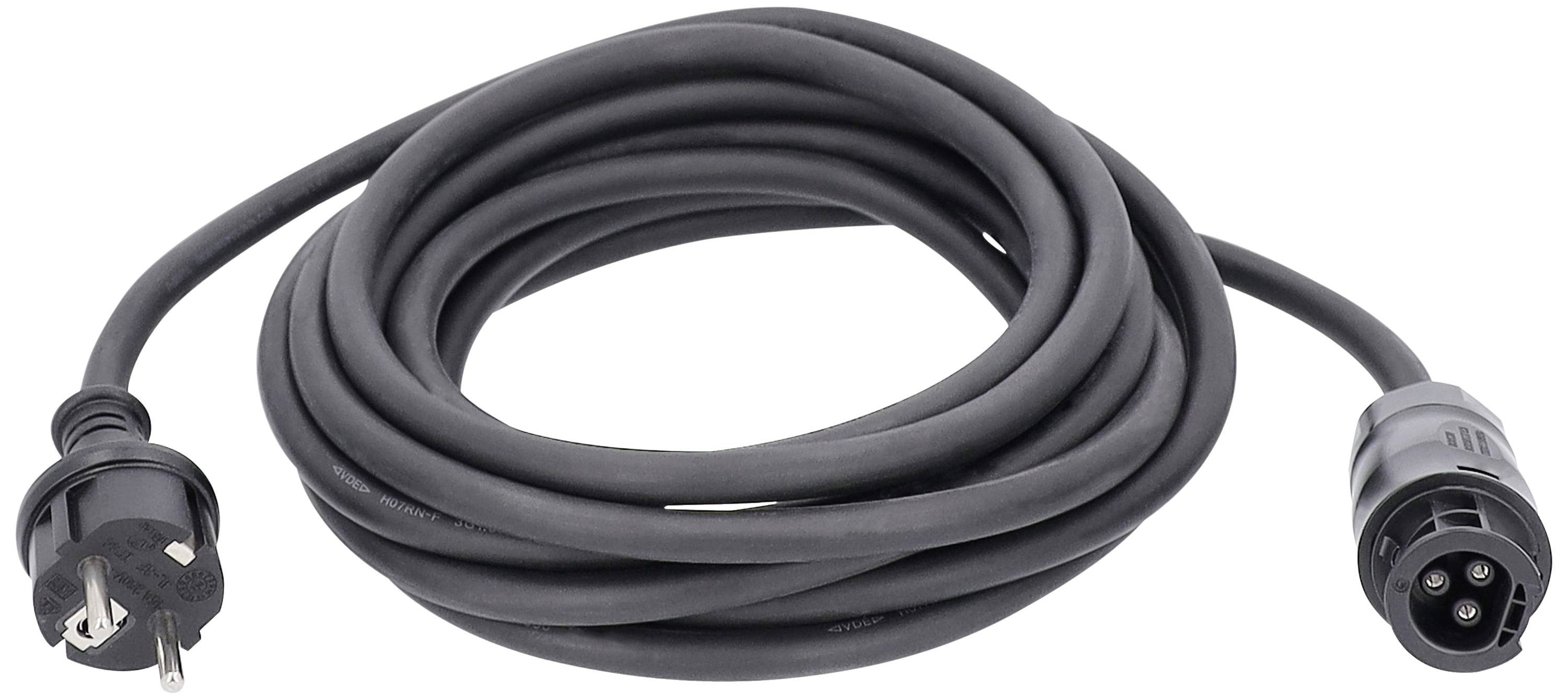 Schwarzes Netzkabel mit zwei unterschiedlichen Steckverbindern an den Enden, für Stromversorgung von Elektrogeräten geeignet.