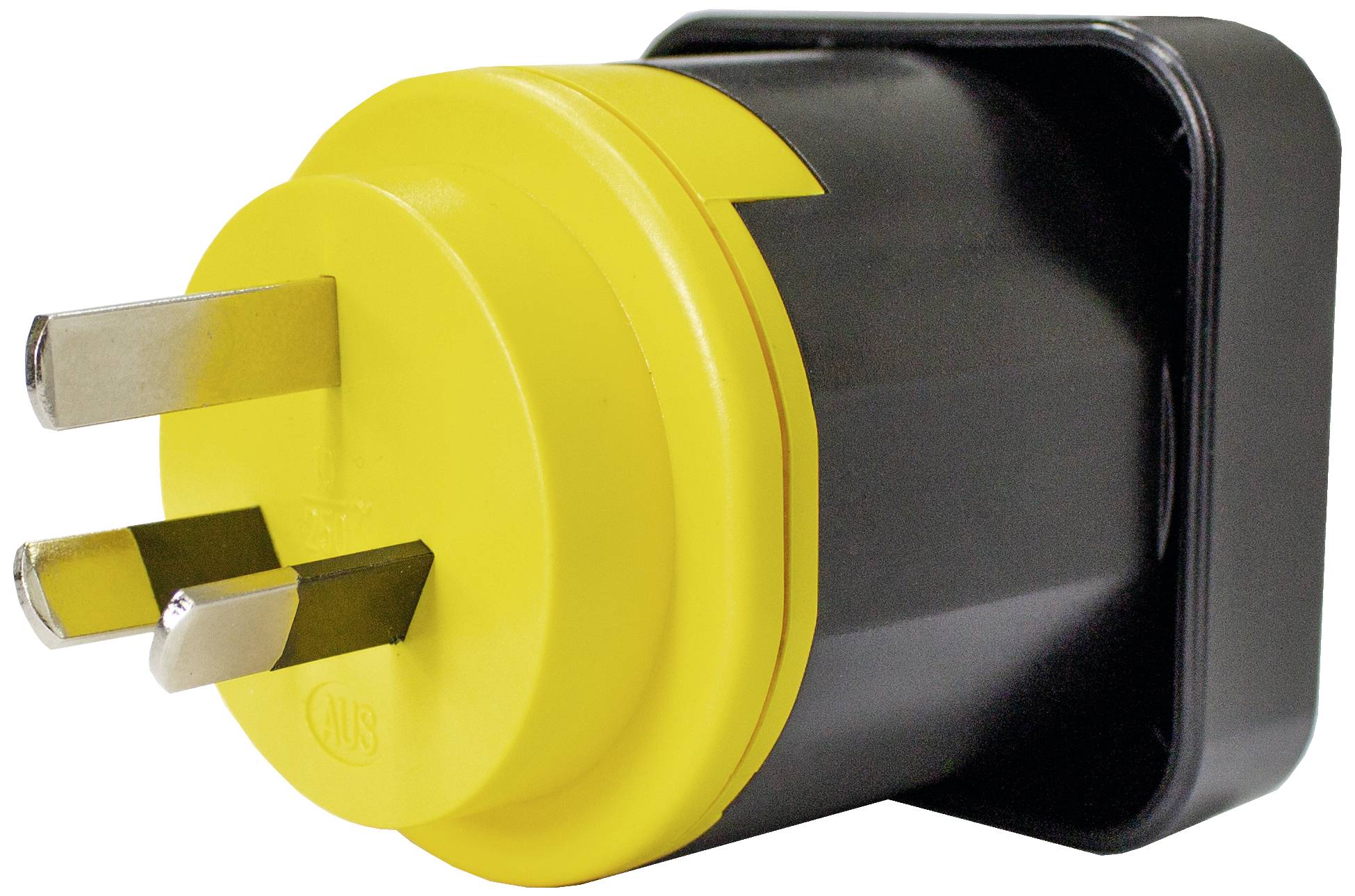 Gelber und schwarzer dreipoliger elektrischer Steckeradapter mit Metallstiften, seitliche Ansicht.