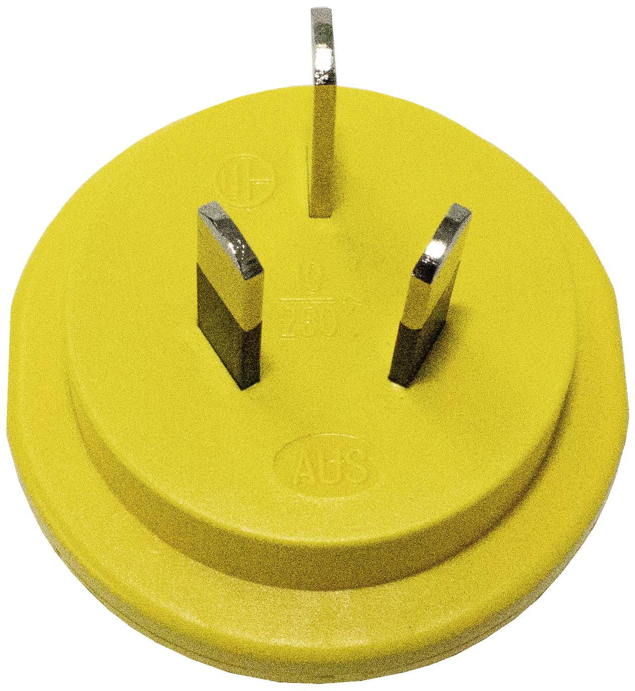 Gelber Adapterstecker, typisch für australische Steckdosen, mit drei flachen Metallstiften, passend für Netzsteckdosen.