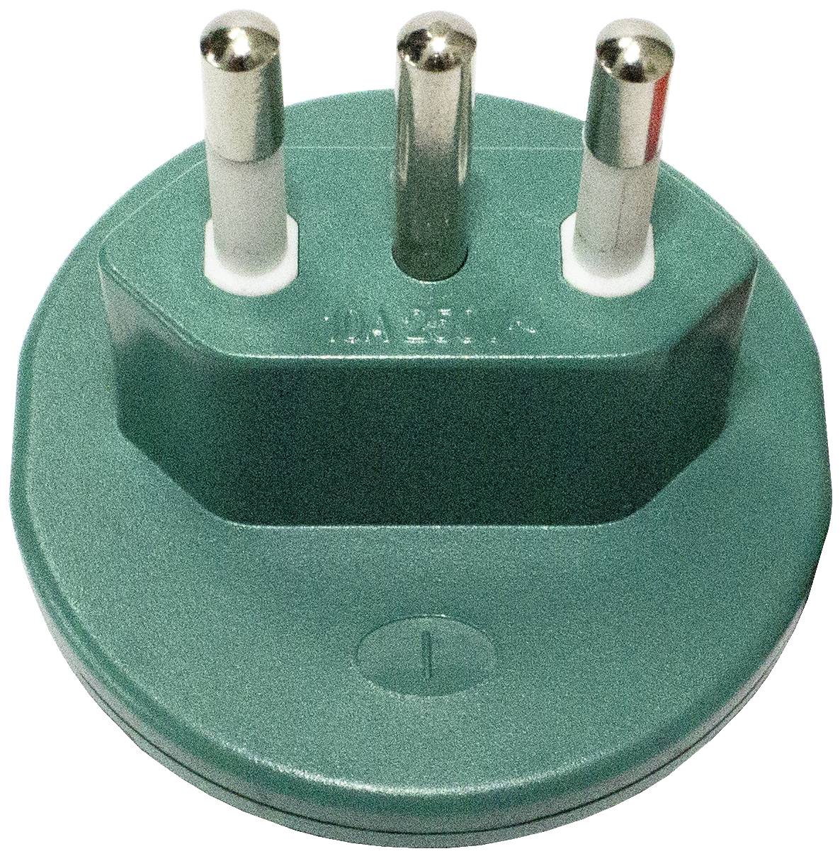 Grüner elektrischer Stecker mit drei runden Metallpins, geeignet für bestimmte Steckdosentypen.