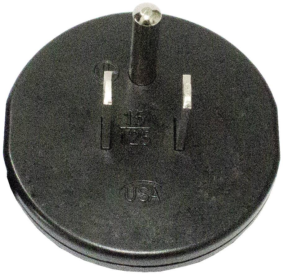 'Amerikanischer Steckeradapter', schwarze Farbe, mit zwei flachen und einem runden Stift. Markierung mit 'USA'.