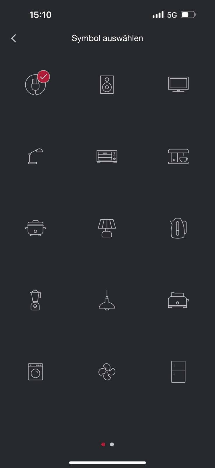 Symbole mit roten Häkchen. Oberes Symbol ausgewählt, darunter Symbole für Lautsprecher, Fernseher, Lampe, Klimaanlage, Wasserkocher, Mixer, Waschmaschine, Ventilator, Kühlschrank.