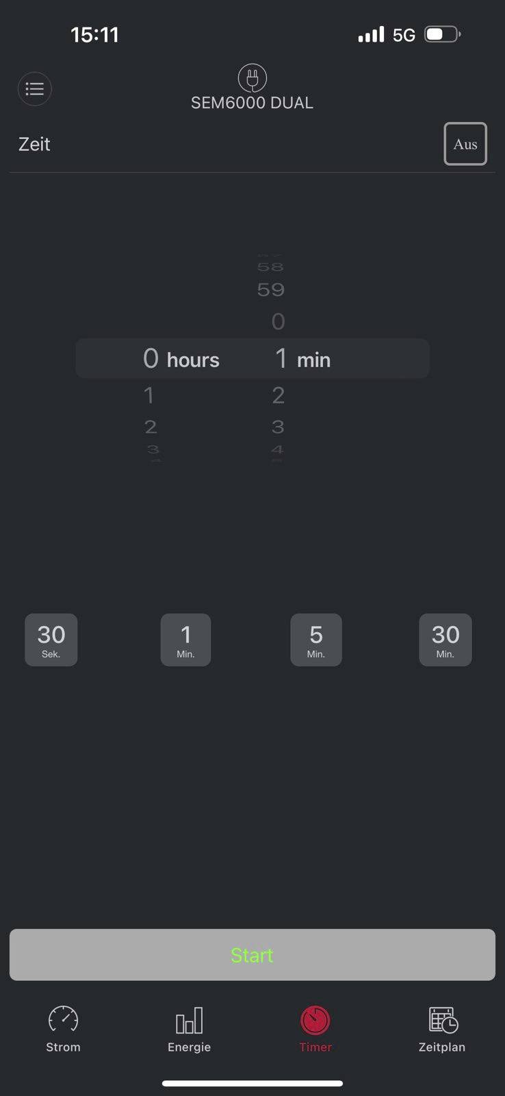 'SEM6000 DUAL'-App-Bildschirm zeigt Timer-Einstellungen mit 1 Minute ausgewählt. Optionen: 30 Sekunden, 1, 5, 30 Minuten. Startknopf unten.
