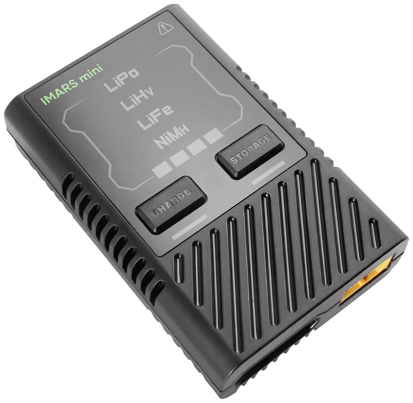 Ein schwarzes Batterieladegerät mit mehreren Optionen für LiPo, LiHv, LiFe und NiMH Batterien. Zwei Knöpfe sind mit 'CHARGE' und 'STORAGE' beschriftet.