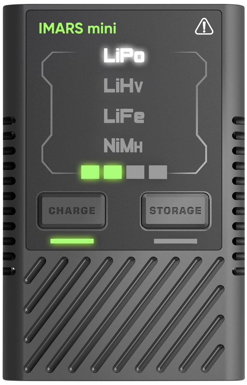 'Ladegerät IMARS mini, zeigt Auswahl der Batterietypen: LiPo, LiHv, LiFe, NiMh. Zwei Tasten: 'Charge' und 'Storage' mit Ladeanzeige aktiv.'