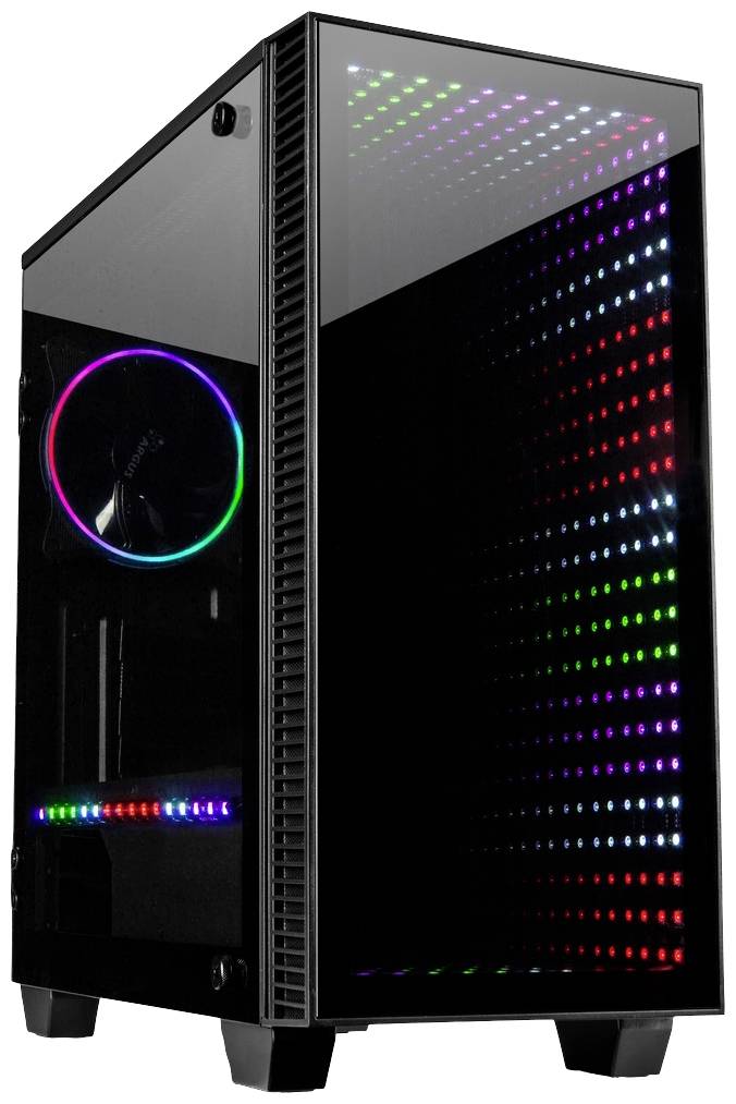 Ein schwarzes Computergehäuse mit transparenten Seitenwänden, beleuchtet von bunten LED-Lichtern.