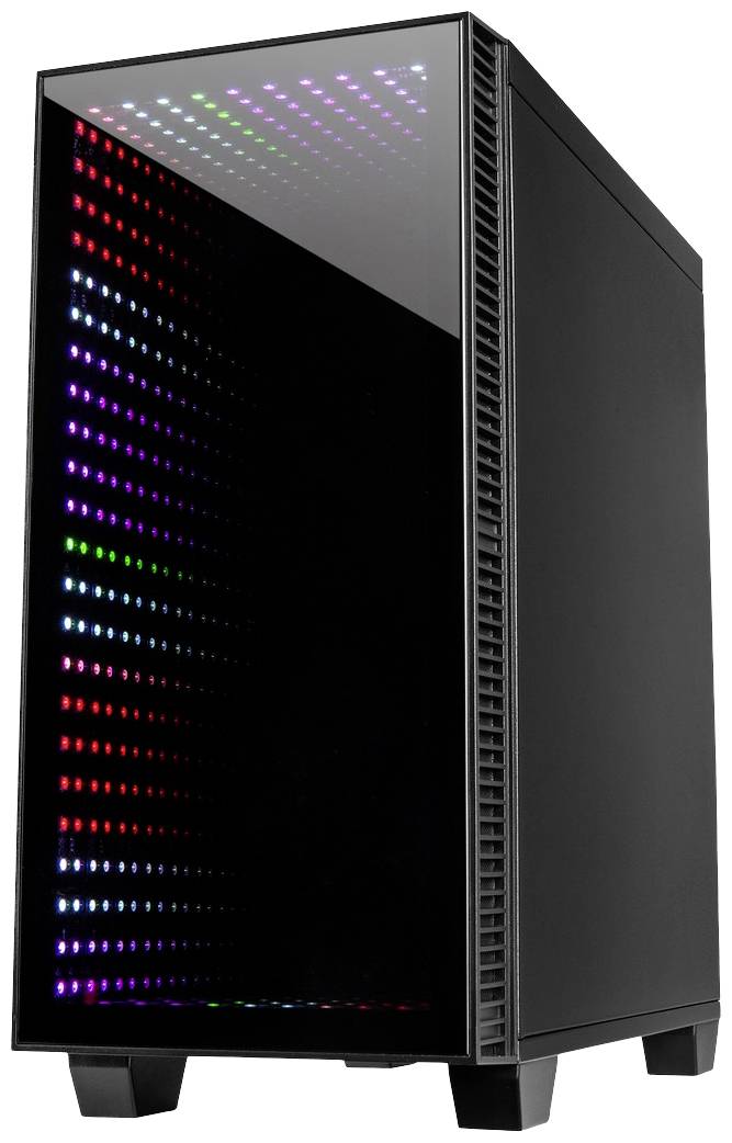 Ein schwarzes Computergehäuse mit einer reflektierenden Front, die bunte LED-Lichter zeigt.