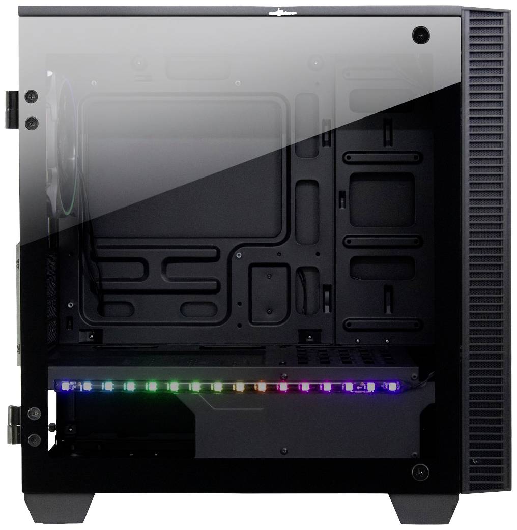 Schwarzes Computergehäuse mit durchsichtiger Seitenwand und leuchtender LED-Lichtleiste im Inneren, ohne eingebaute Komponenten.
