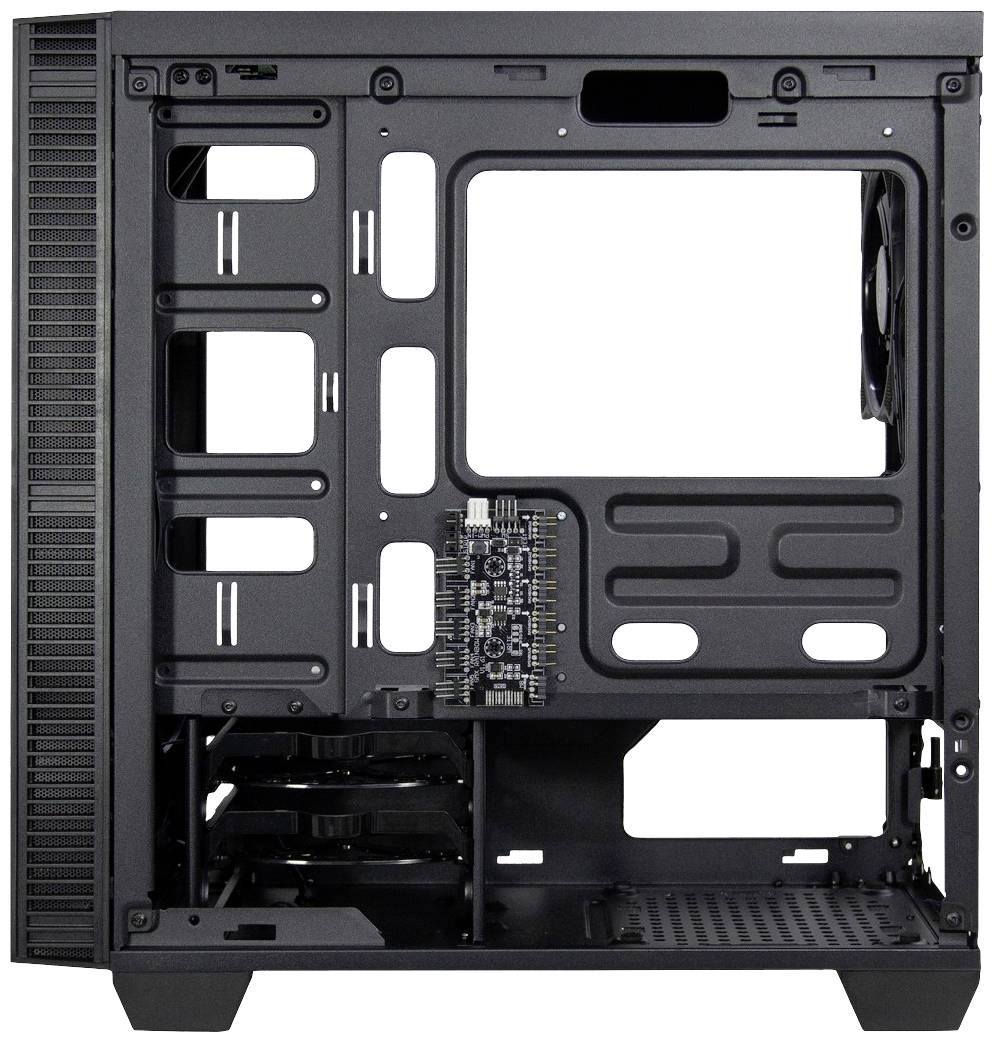 Ein leeres PC-Gehäuse in schwarzer Farbe mit mehreren Einbauplätzen und Belüftungsöffnungen, bereit für die Installation von Computerkomponenten.