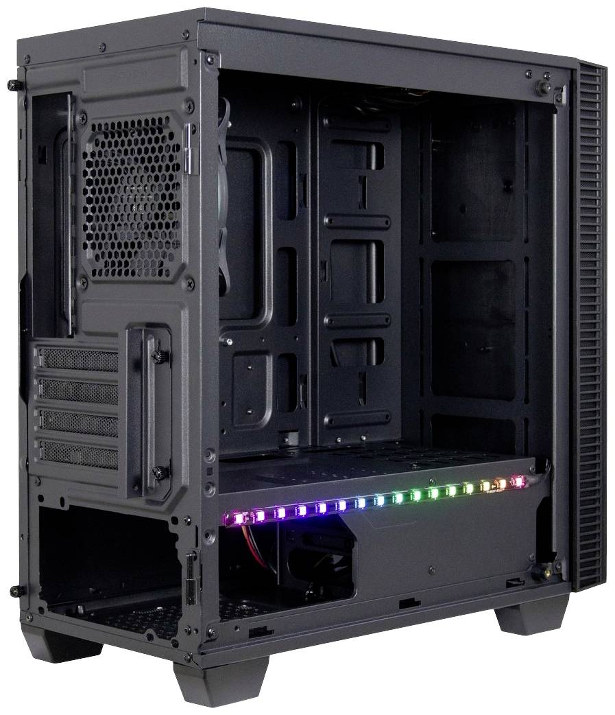 Ein leeres Computergehäuse mit einem RGB-beleuchteten Innenraum. Das Gehäuse zeigt die Öffnungen für Lüfter und Komponenten.