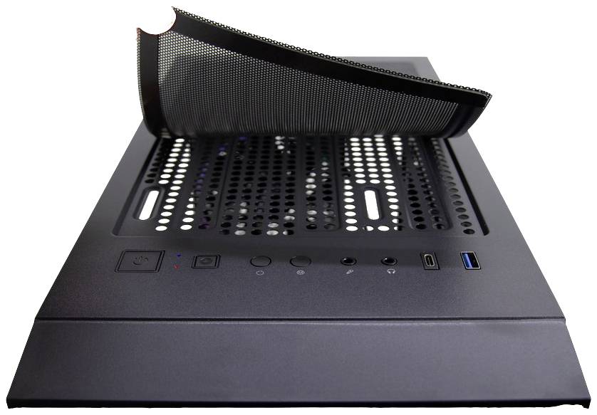 Ein schwarzes Computergehäuse zeigt die Oberseite mit mehreren Lüftungsschlitzen und Anschlüssen. Ein magnetisches Gitter ist teilweise geöffnet.
