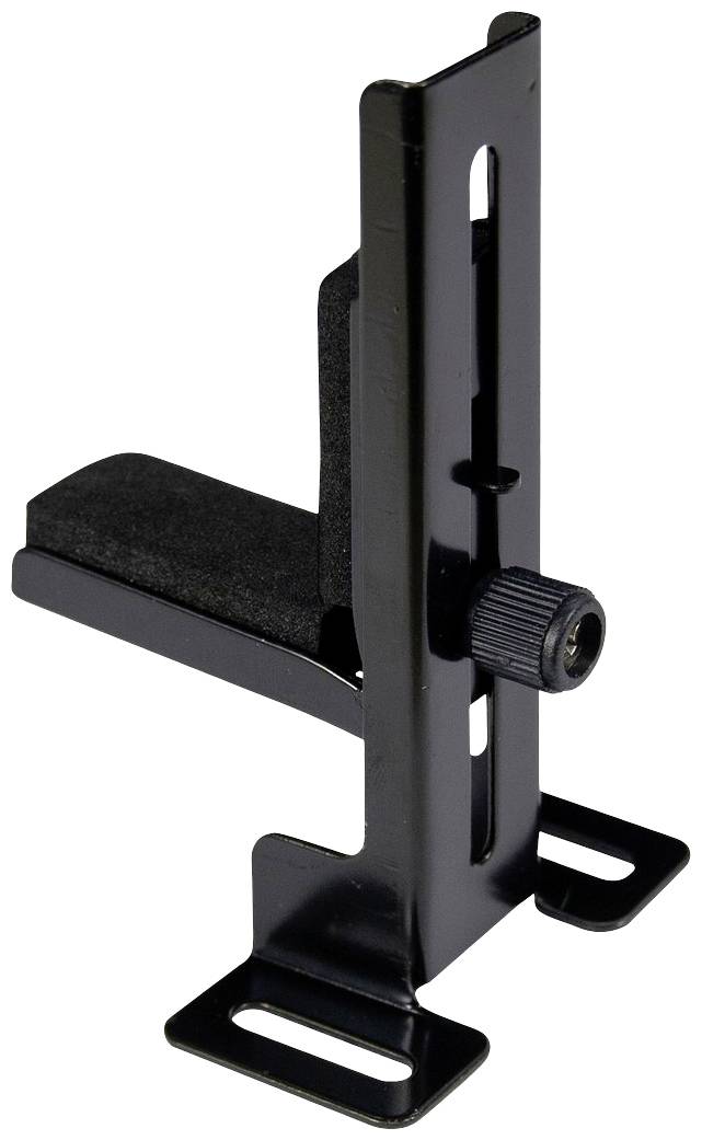 Schwarze Metallhalterung mit Einstellschraube, verwendet zur sicheren Befestigung von Gegenständen an Wänden oder anderen Oberflächen.