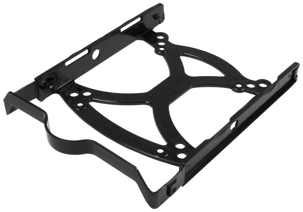Schwarzer Festplattenhalter aus Metall zur Montage in einem PC-Gehäuse, mit Löchern zur Befestigung und stabiler Konstruktion.