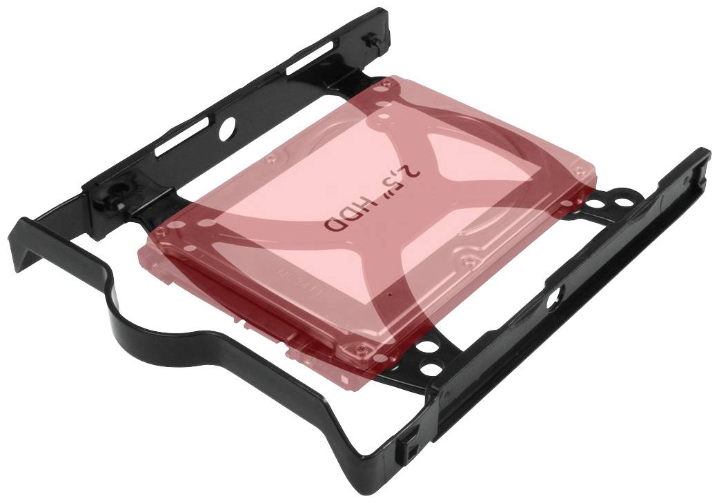 Ein rote 2,5-Zoll-Festplatte, die in einem schwarzen Adapterrahmen für den Einbau in einen Computerrahmen montiert wird.