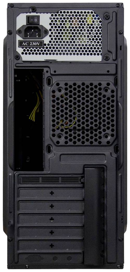 Rückseite eines Computergehäuses mit Lüftungsgittern, Steckplätzen und Stromanschluss, geeignet für Desktop-Komponenteninstallation.