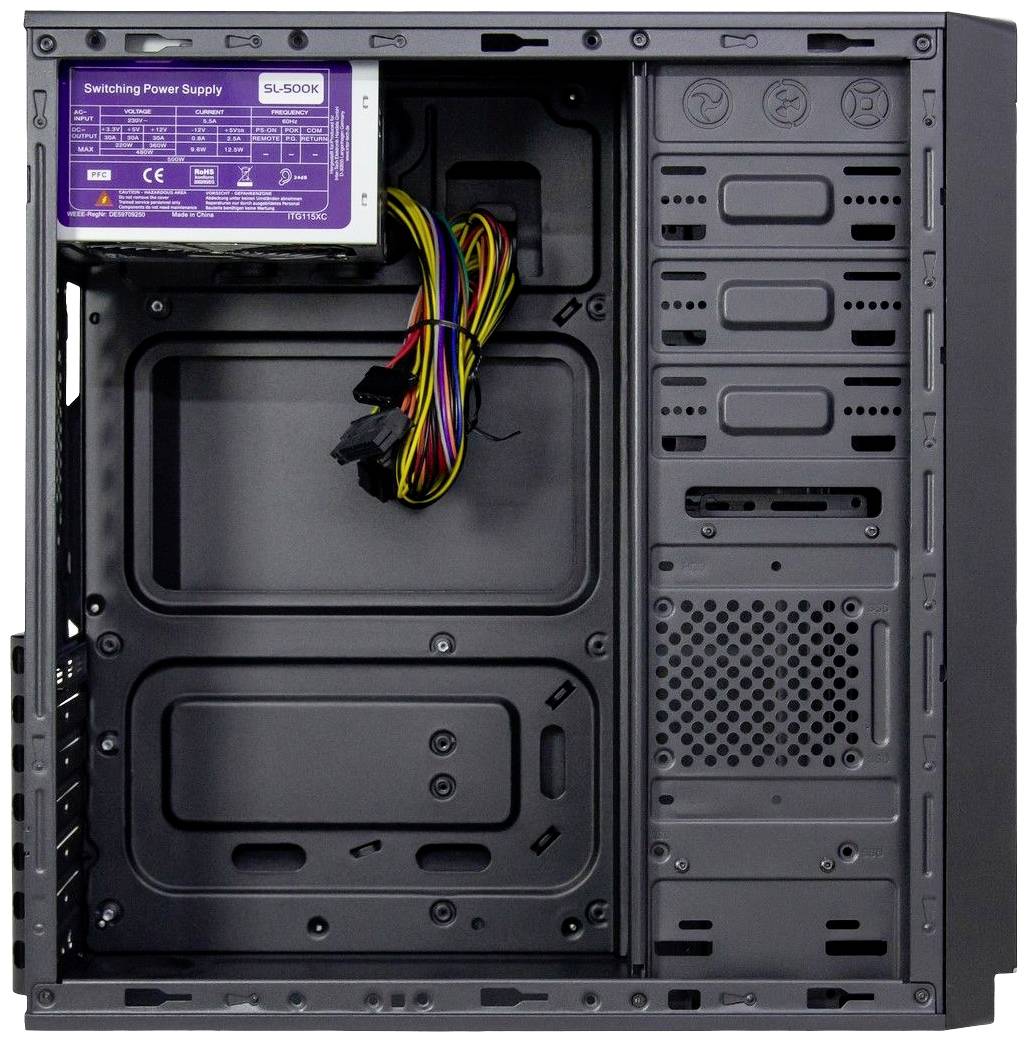 Ein leeres Computergehäuse mit einem eingebauten Netzteil oben links und bunten Kabeln. Raum für Laufwerke und Komponenten vorhanden.