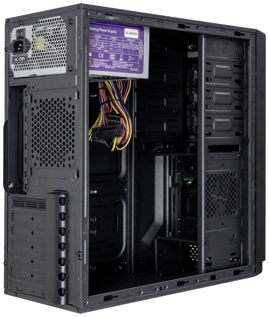Schwarzes Computergehäuse mit offenem Seitenteil, sichtbaren Steckplätzen und Verkabelung. Kein eingebautes Motherboard oder Laufwerke.