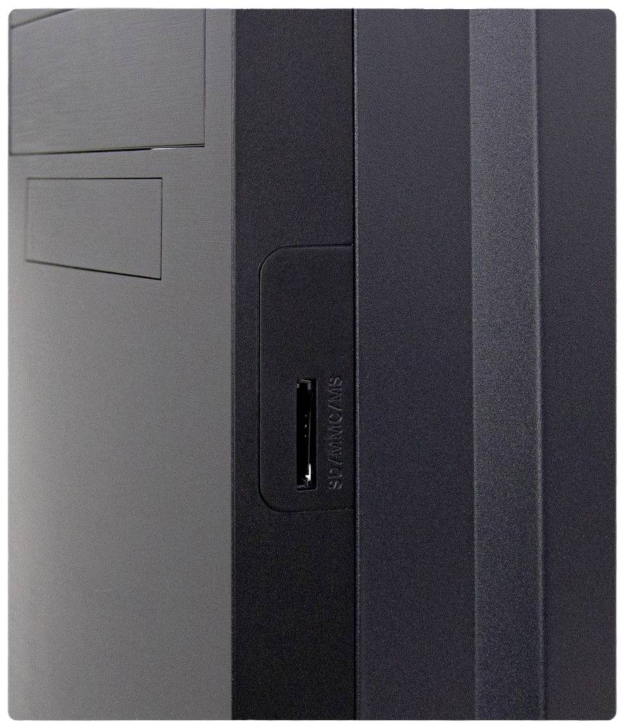 Ein schwarzes Elektronikgerät mit einem sichtbaren SD-Kartensteckplatz auf der rechten Seite. Oberhalb befindet sich eine Schublade oder Öffnung.