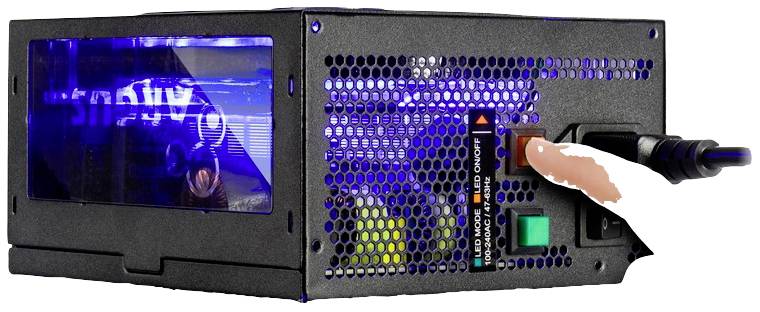 Ein Computer-Netzteil mit sichtbarem Lüfter und beleuchtetem Innenraum, das die Stromversorgung eines Computers steuert.