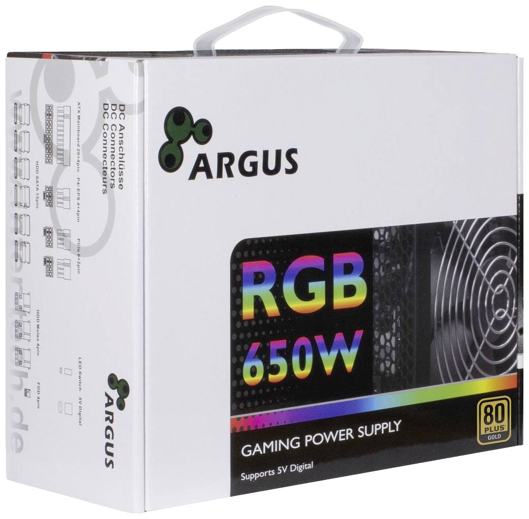 Eine weiße Verpackung eines ARGUS RGB 650W Gaming-Netzteils mit 80 Plus Gold Zertifizierung, abgebildet mit RGB-Elementen.