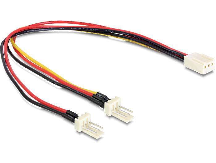 Dreiadriges Kabel mit zwei Buchsen an einem Ende und einem Stecker am anderen Ende, verwendet für Stromverbindungen in elektronischen Geräten.