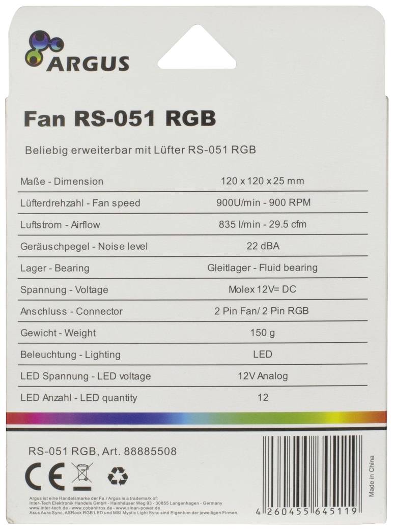 Inter-Tech Argus RS-051 RGB CPU-Kühler mit Lüfter Schwarz (B x H x T) 120 x 25 x 120mm