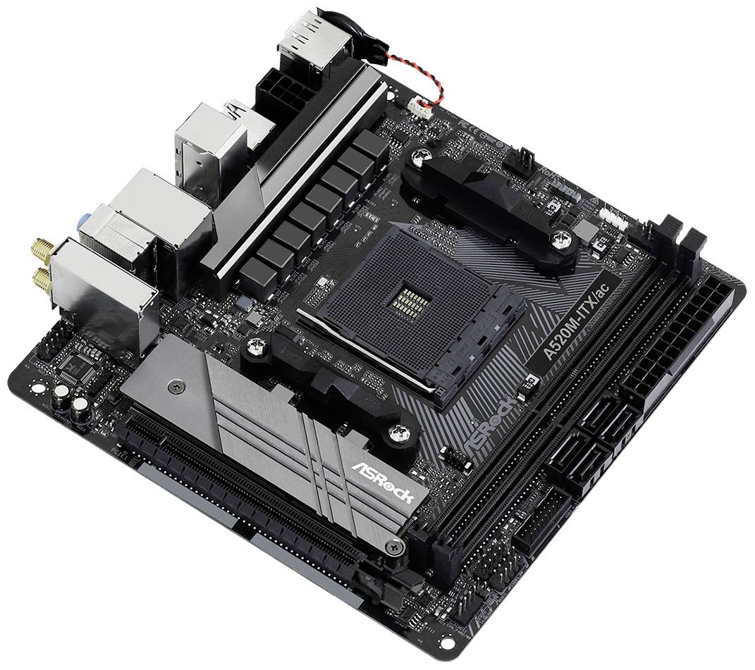 Mainboard mit mehreren Anschlüssen und Steckplätzen zur Verbindung von Computerkomponenten. Enthält ASRock-Logo und Chipsatz A520M.
