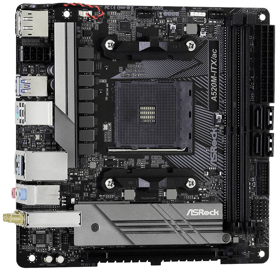 ASRock A520M-ITX/ac Hauptplatine, Mini-ITX-Format, mit verschiedenen Anschlüssen, geeignet für AMD-Prozessoren.