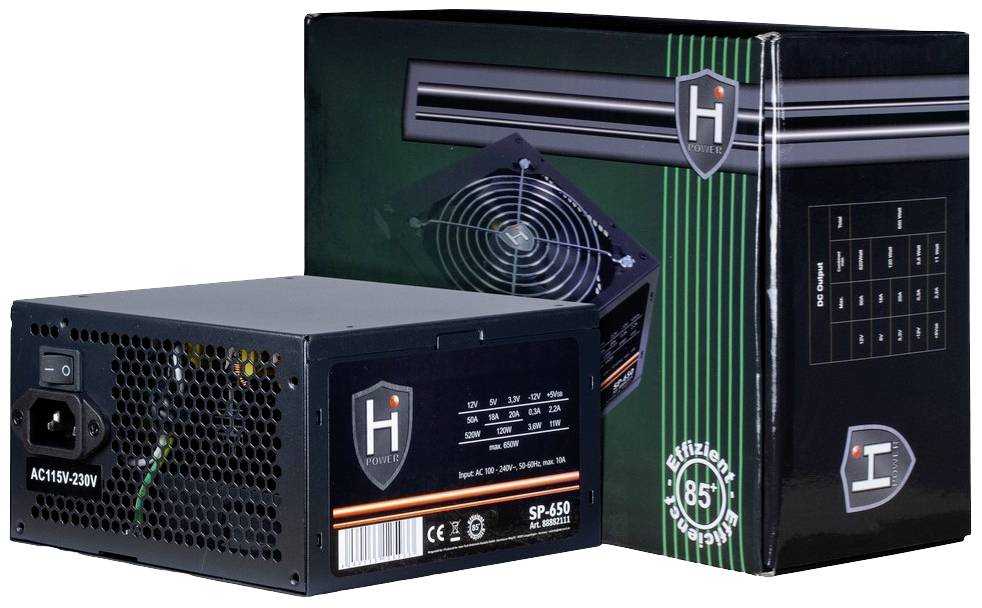 'Hyrican'-Netzteil SP-450 vor Verpackung. Technische Details aufgedruckt: 450W, zertifiziert, effiziente Leistung.