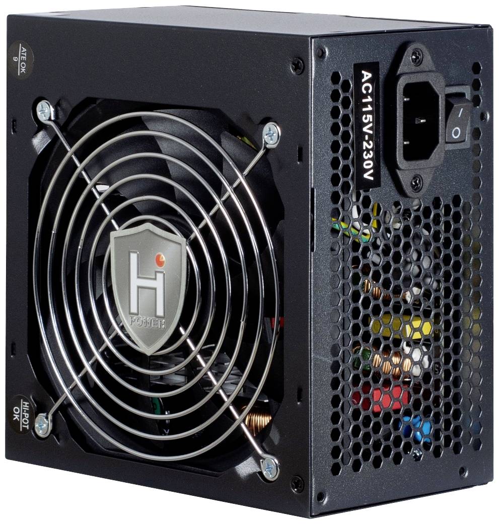 Ein schwarzes Computernetzteil mit Lüftergitter, Markenlogo in der Mitte und Netzschalter für 115V-230V auf der Rückseite.