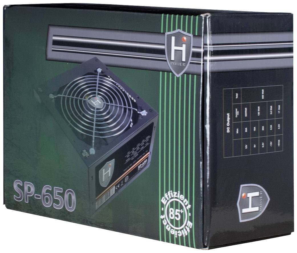 'SP-650 Netzteil von Hiwear' Verpackung mit einem Bild des Produkts und einem Effizienzsymbol von 85%.