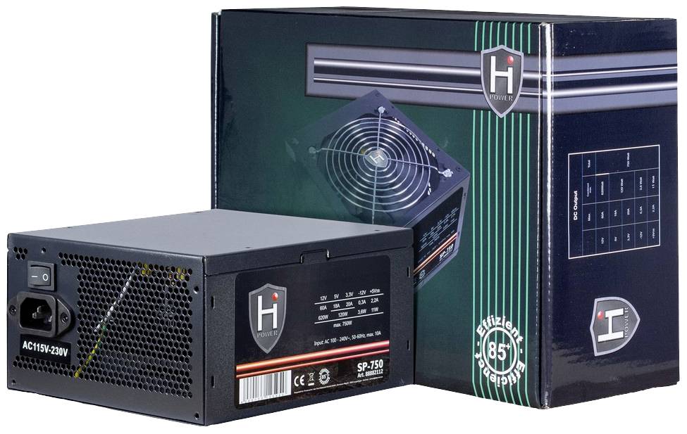 Netzteil SP-750 mit Verpackung. Leistung: 750 Watt, Effizienz von 85%. Schwarzes Gehäuse mit Lüftungsgitter und Schutzschalter.