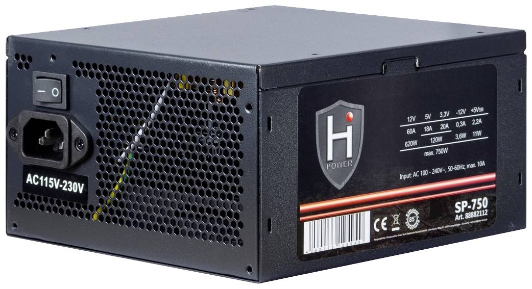Ein schwarzes Computernetzteil mit Ventilationsgitter, Ein/Aus-Schalter und Etikett mit technischen Spezifikationen.