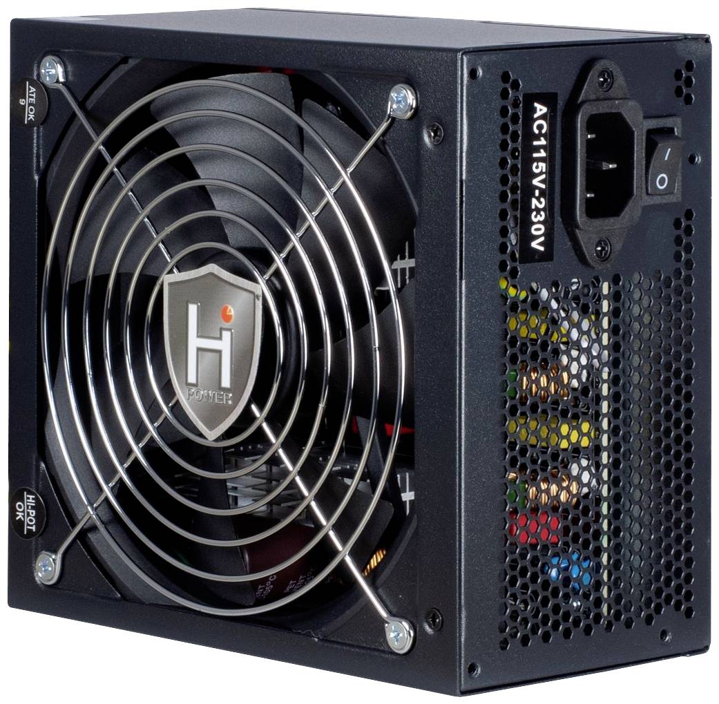 Ein schwarzes Computernetzteil mit Lüftergitter und Netzanschluss. Eingangsbereich für Spannungen von AC115-230V.