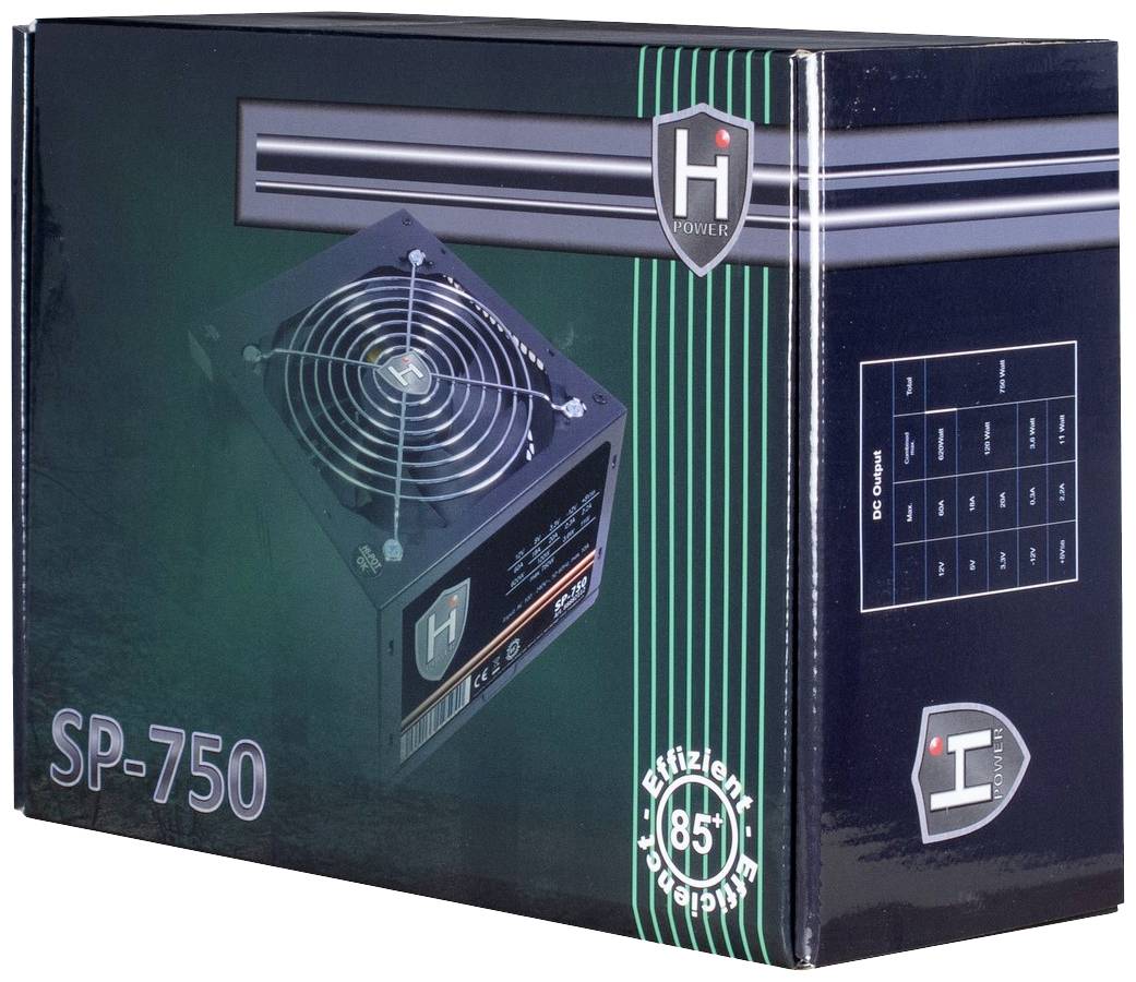 Verpackung eines Hi Power SP-750 PC-Netzteils mit 85% Effizienz. Abbildung des Produkts auf der Vorderseite, Spezifikationen rechts.