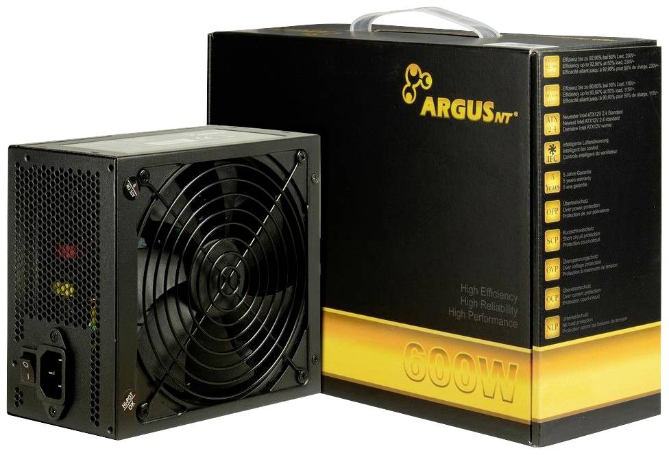 Computernetzteil Argus NT 600W ist vor seiner Verpackung abgebildet, die technische Details und das Logo zeigt.